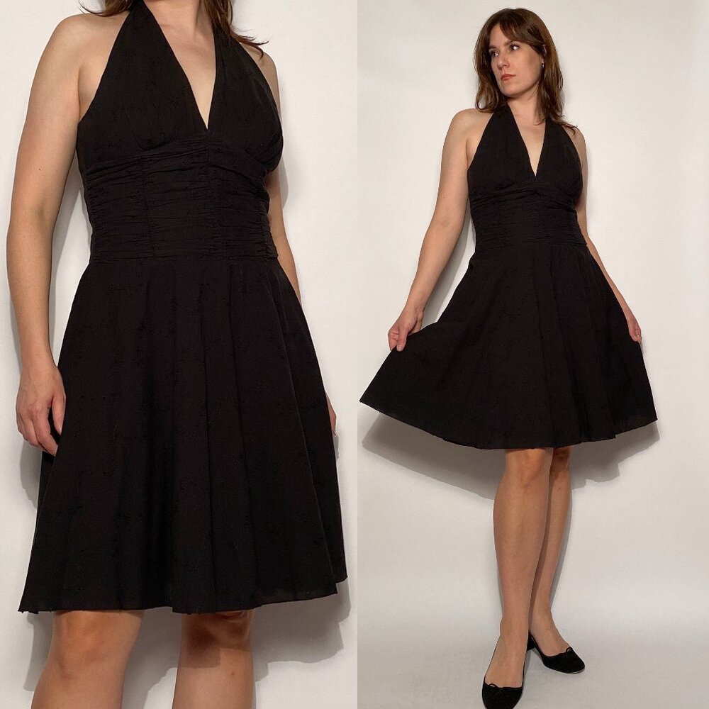 Vintage 1990s Drop Waist Embroidered HALTER Dress -- Large